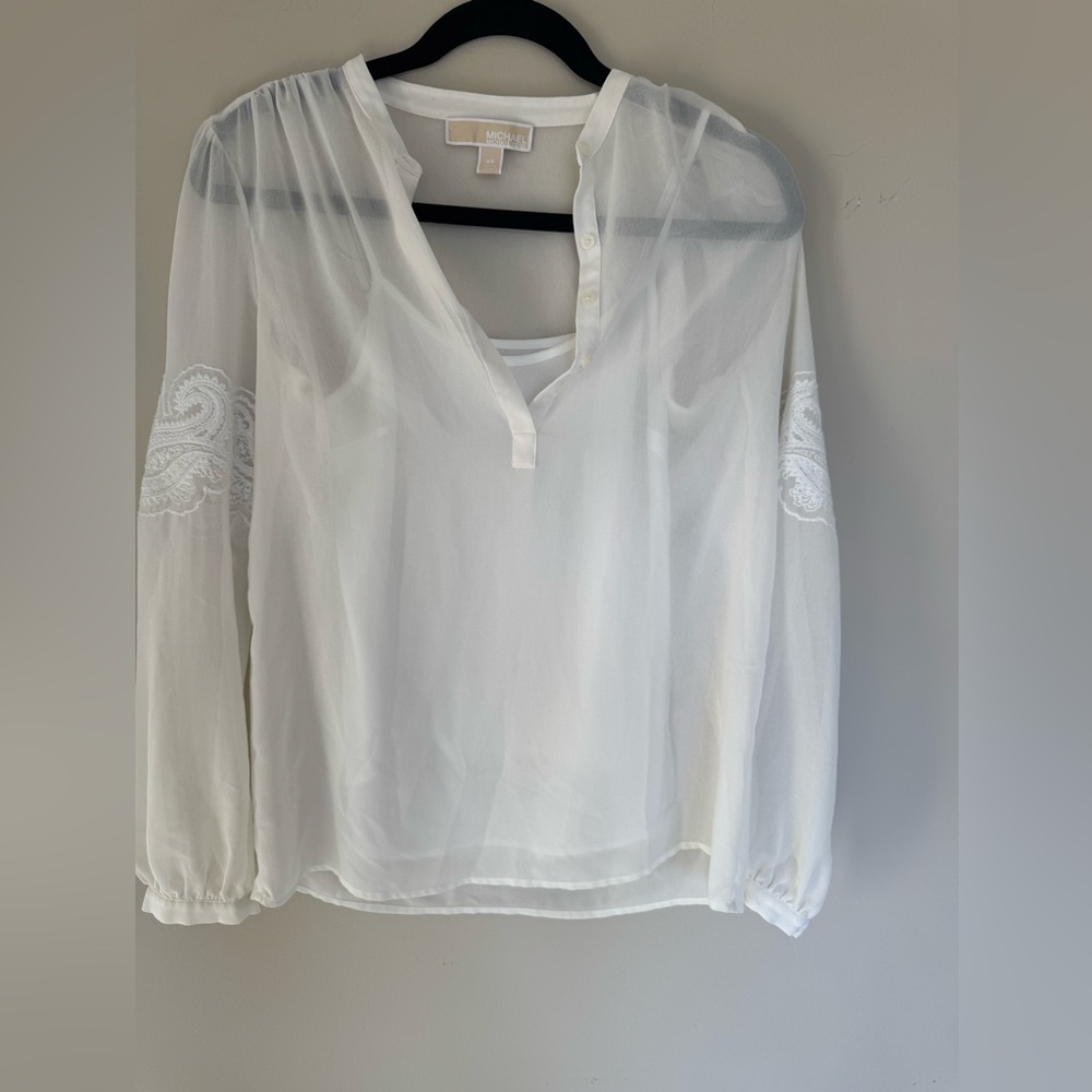 Michael Kors Sheer White Blouse with Embroidered Sleeves